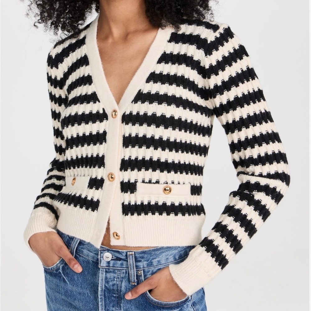 Black and white striped line and dot button knit sweater